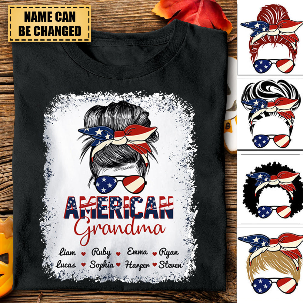 4th Of July American Grandma Mom Messy Bun Personalized T-shirt