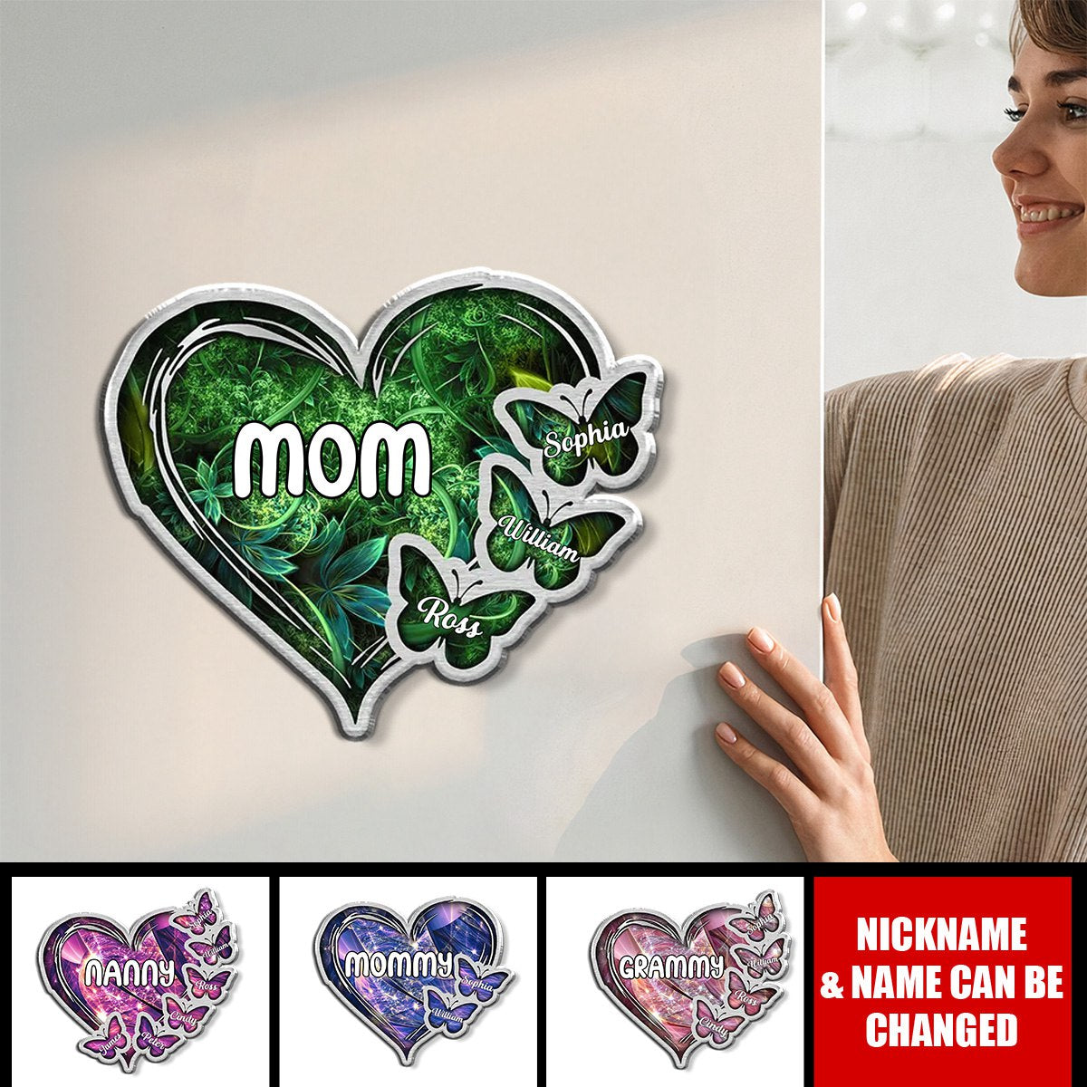 Sparkling Grandma Mom Heart Butterfly Kids Personalized Acrylic Magnet