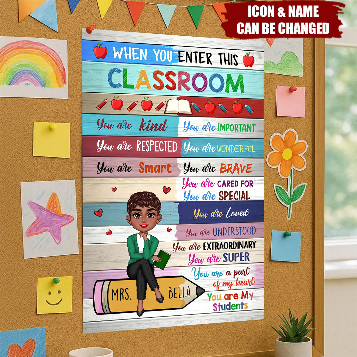 Colorful Teacher Sitting On Pencil Personalized Poster, Classroom Decoration