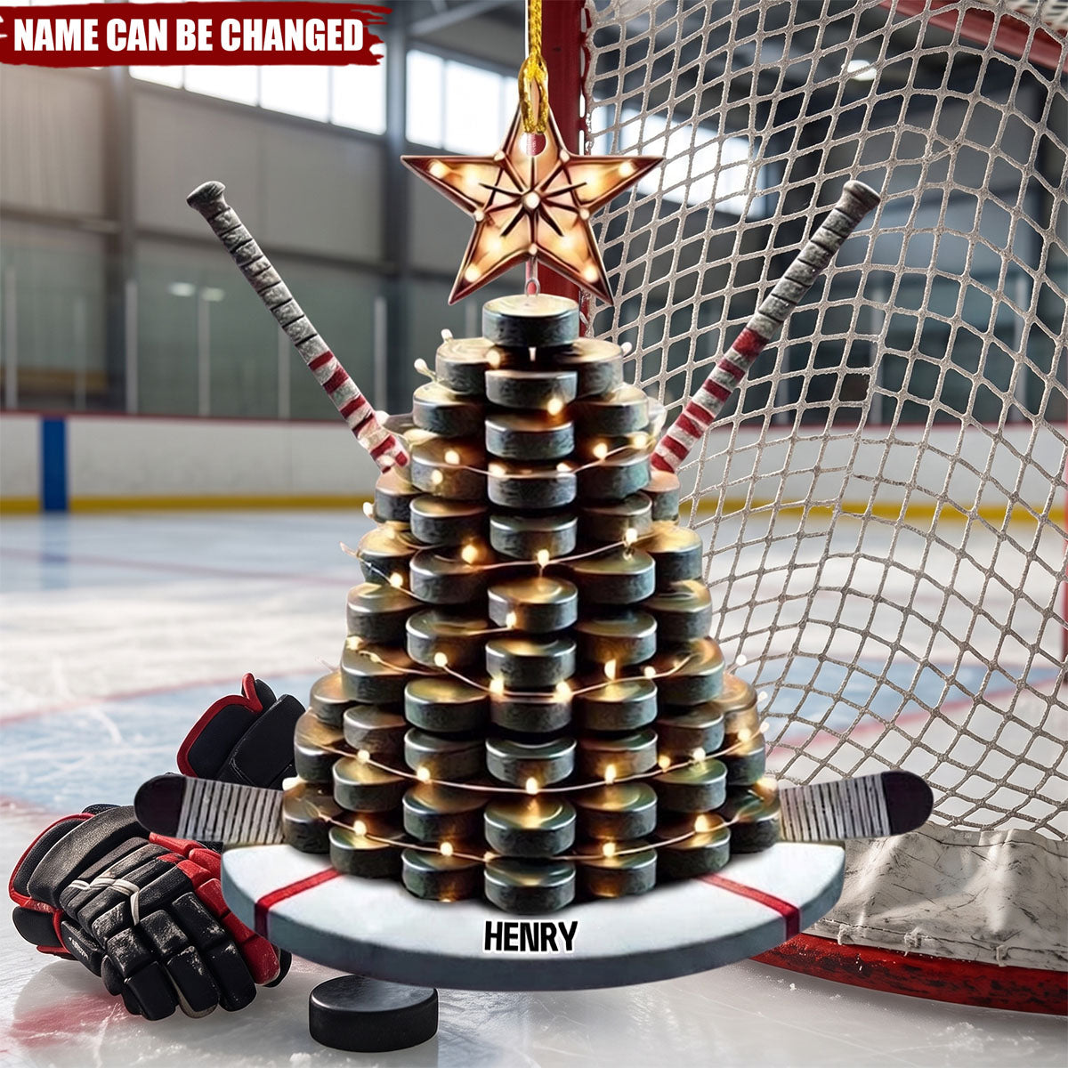 Personalized Hockey Christmas Ornament With Puck, Tree, And Stick