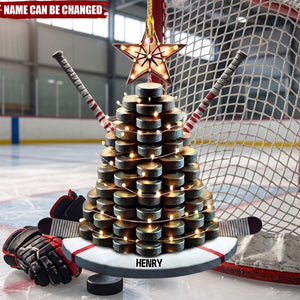 Personalized Hockey Christmas Ornament With Puck, Tree, And Stick