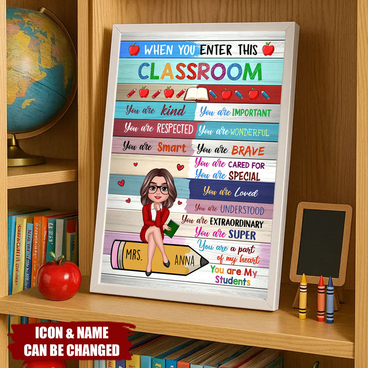 Colorful Teacher Sitting On Pencil Personalized Poster, Classroom Decoration