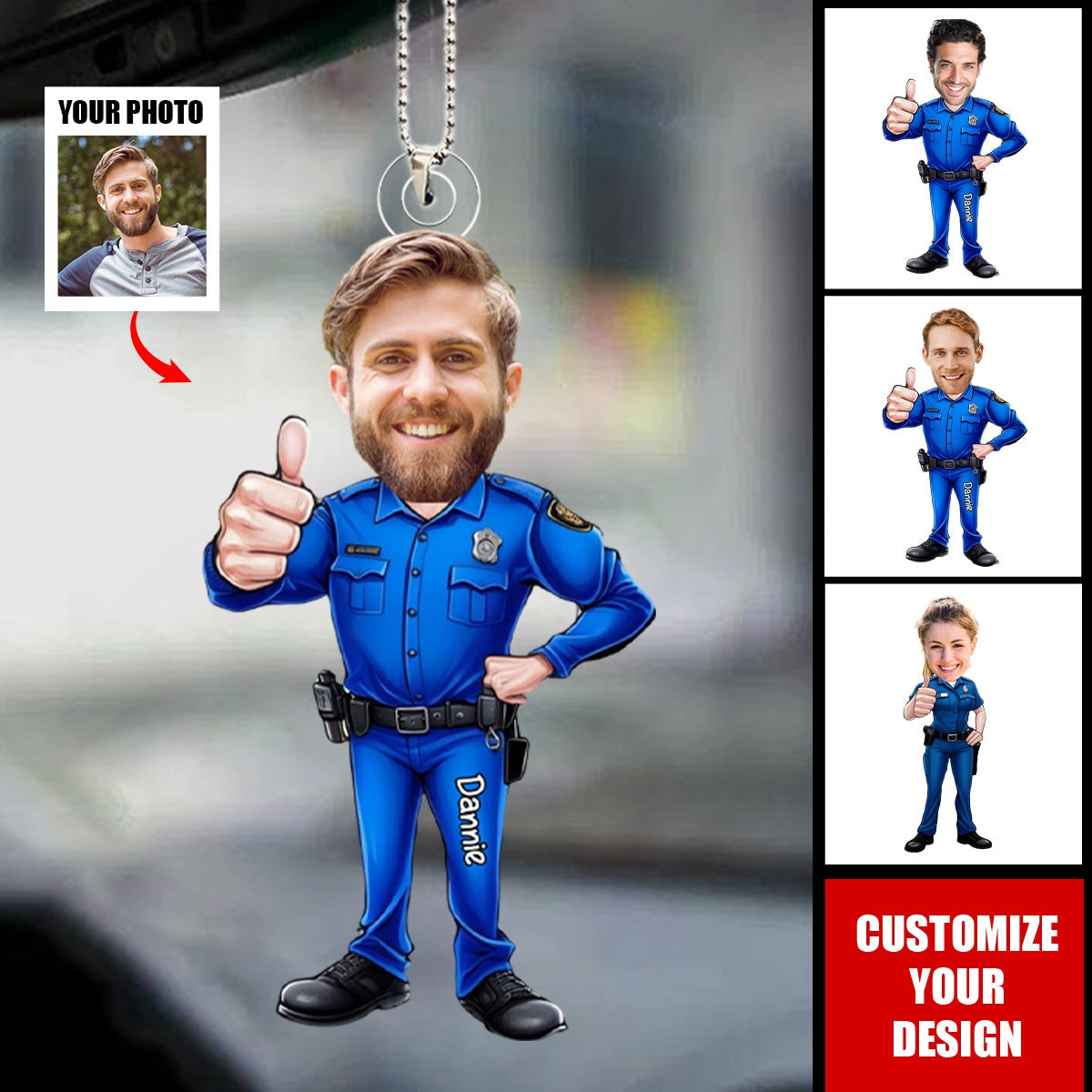 Prison Guard Cartoon Portrait - Personalized Photo Car Ornament - Gift for Prison Guard