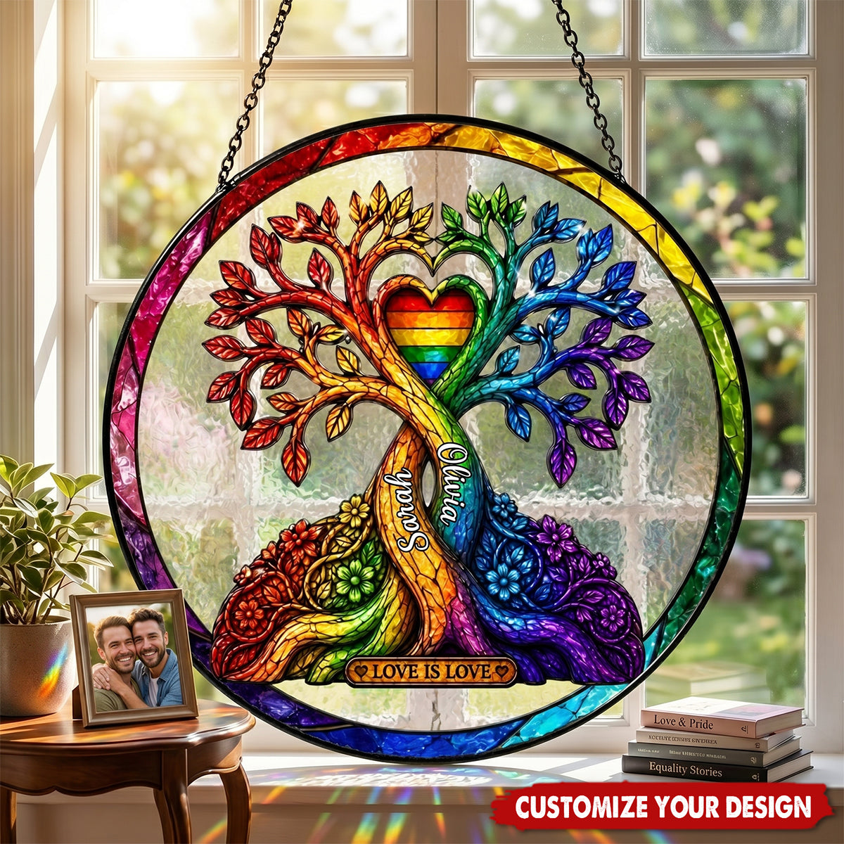 Personalized LGBT Tree of Love Suncatcher - Rainbow Pride Window Hanging