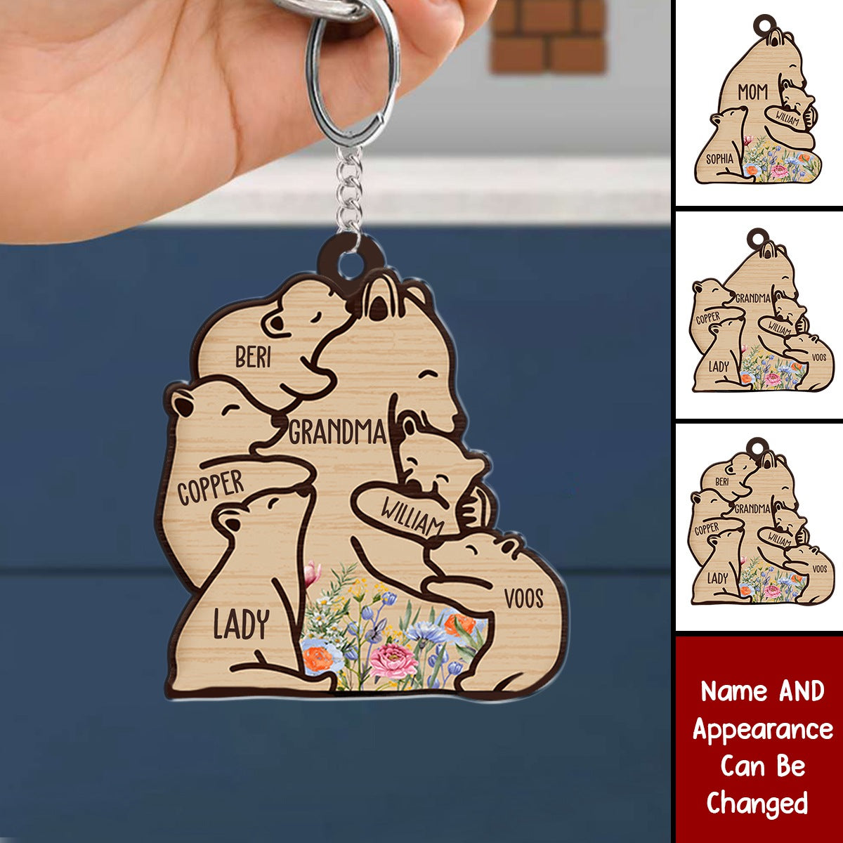 Grandma/Mama Bear Cuddling Little Bear Kids Personalized Wooden Keychain