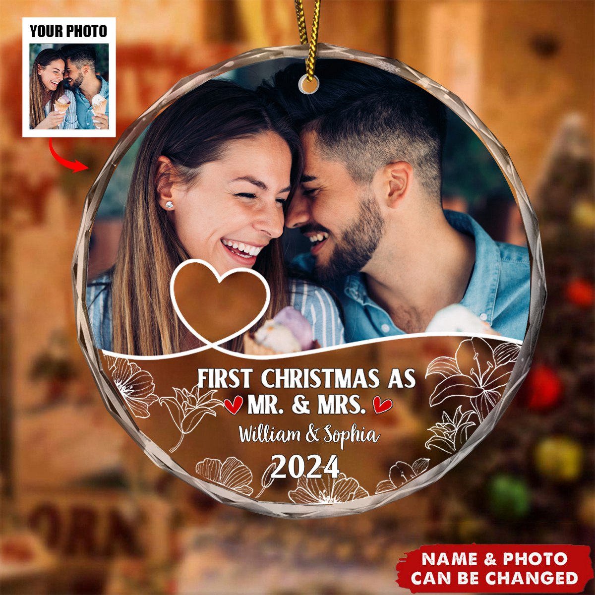 Custom Photo First Christmas As Mr & Mrs Couples - Personalized Circle Glass Ornament
