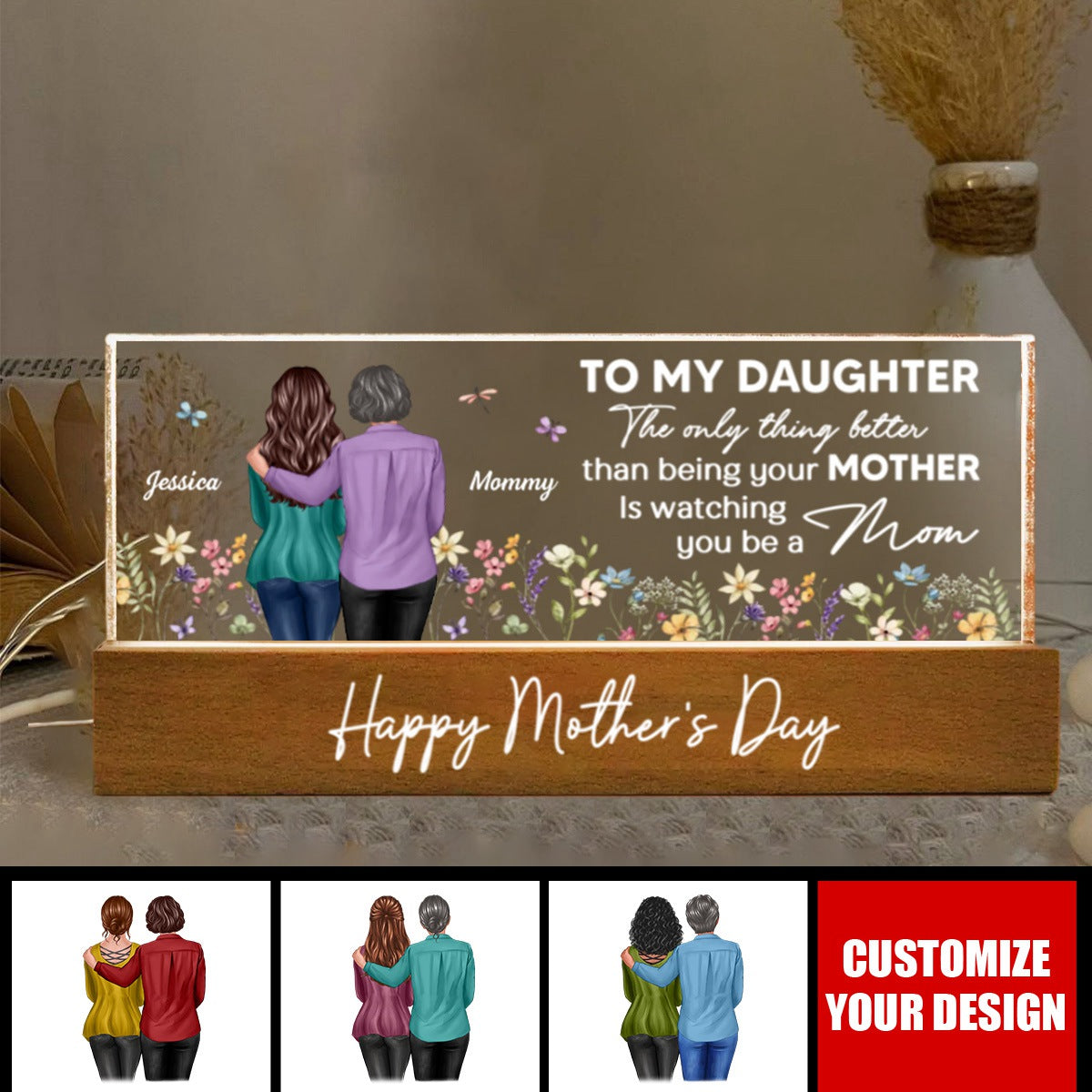To My Daughter From Mom Happy Mother's Day Floral Personalized Acrylic Block LED Night Light