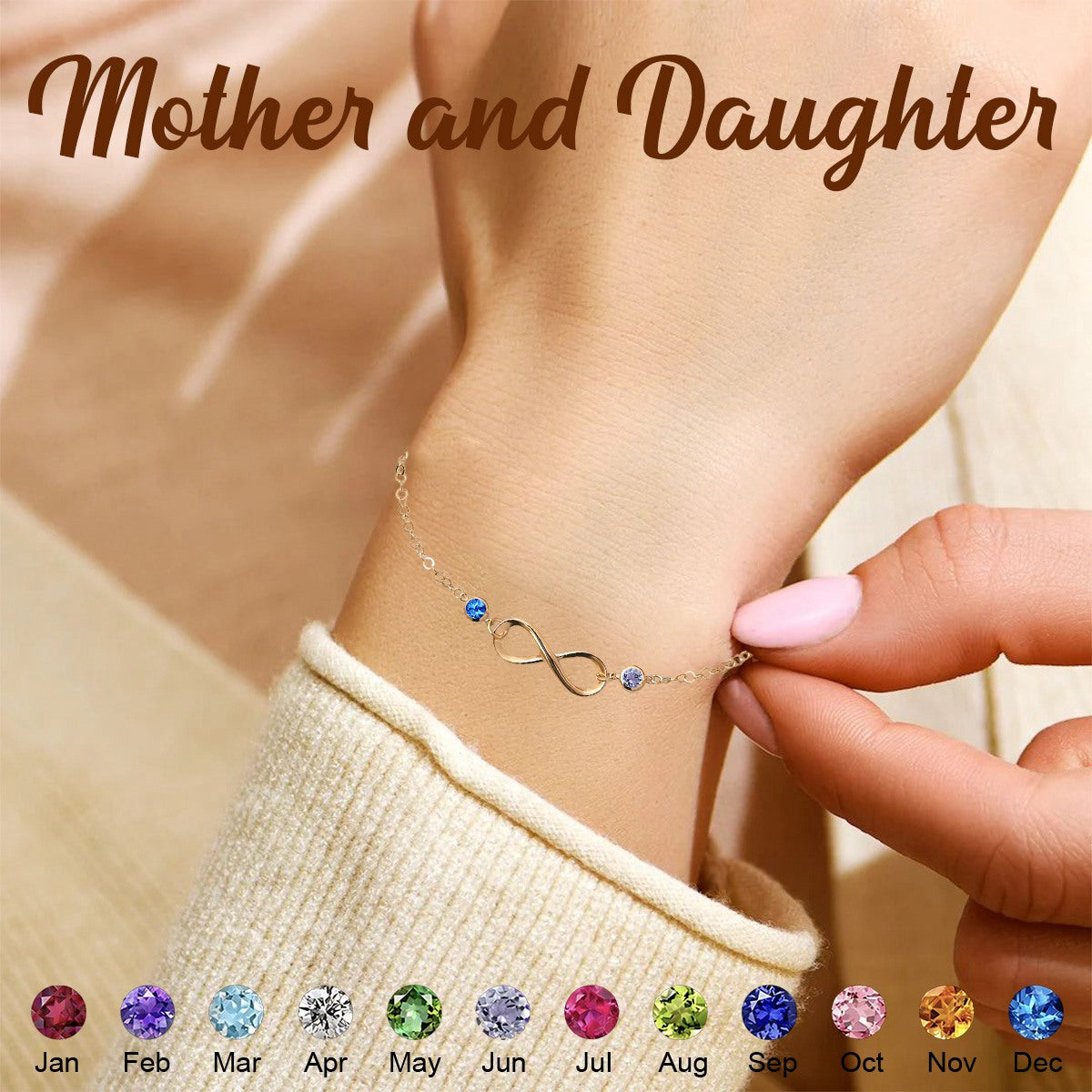 Mother and Daughter Forever Linked Together Infinite Custom Birthstone Bracelet