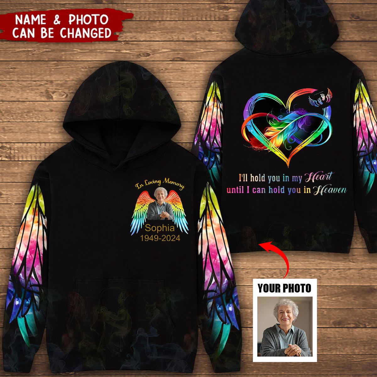 Upload Photo Rainbow Wings Angel Family Loss Memorial Gift Customized 3D Hoodie
