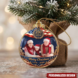Custom Photo Family Merry Christmas 250 Years Of Freedom - Personalized Custom Shaped Acrylic Ornament