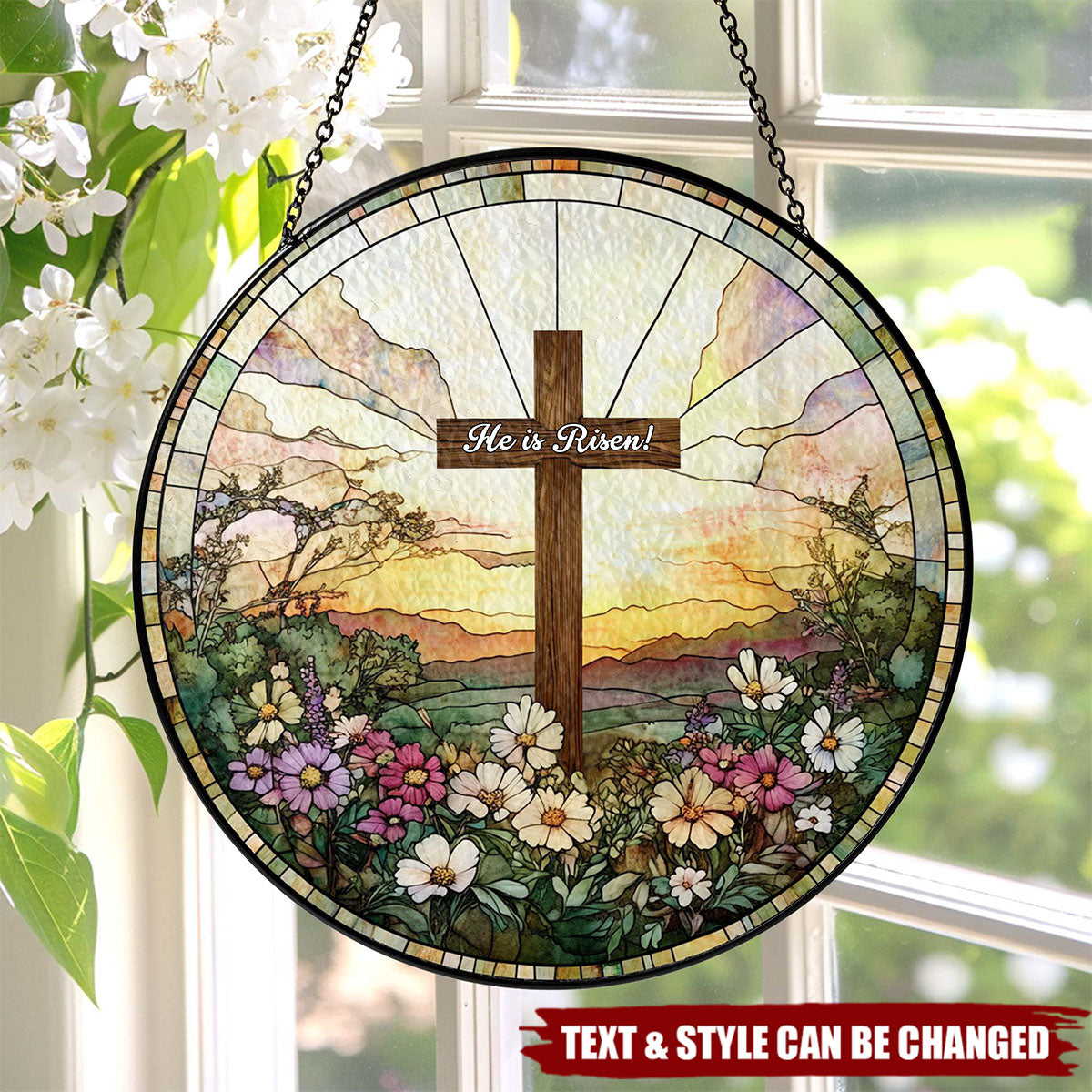 Personalized Christian Religious Easter Cross Glass Flowers Windows Hanging Suncatcher