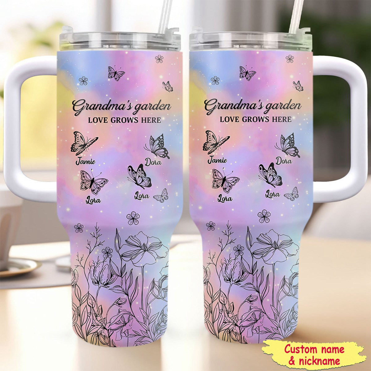 Mom Grandma's Garden Little Butterfly - Personalized 40 Oz Stainless Steel Tumbler With Handle