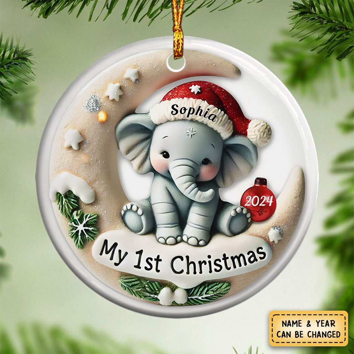 Personalized 3D Effect Baby Elephant My First Christmas Circle Ceramic Ornament