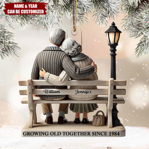 Old Couple Sitting On Bench At The Park - Personalized Acrylic Christmas Ornament
