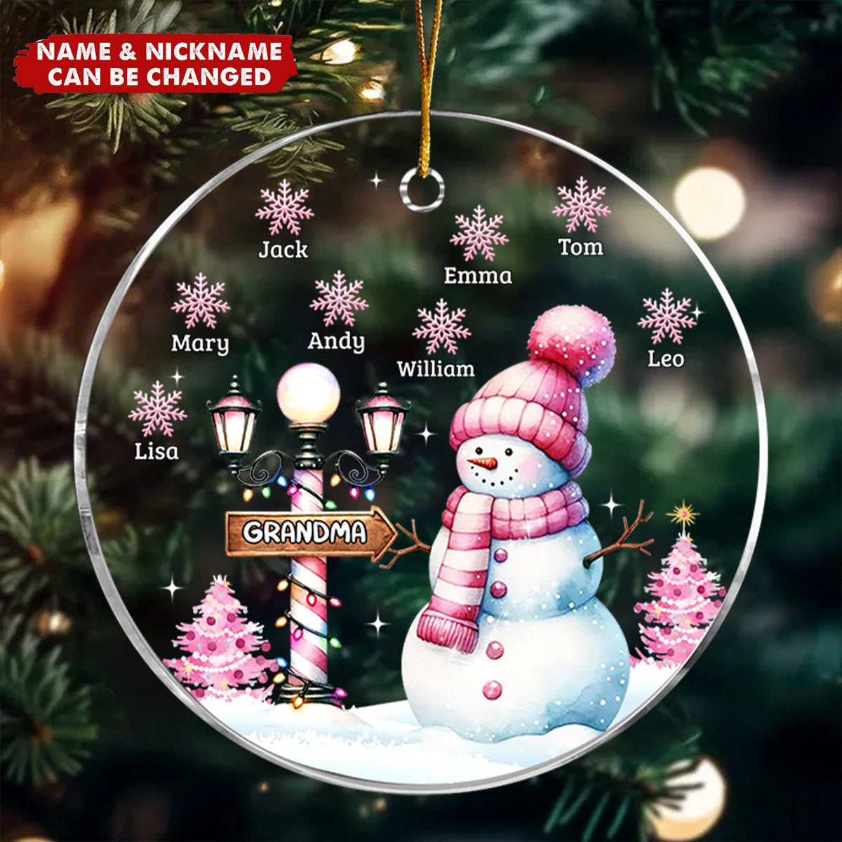 Personalized Grandma Snowman Acrylic Circle Ornament