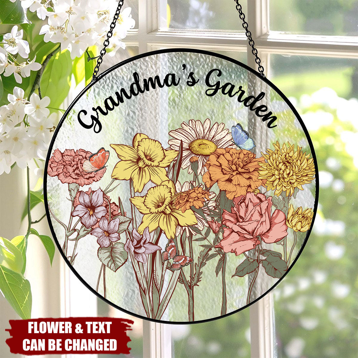 Personalized Grandma Garden Family Birth Flowers Glass Suncatcher