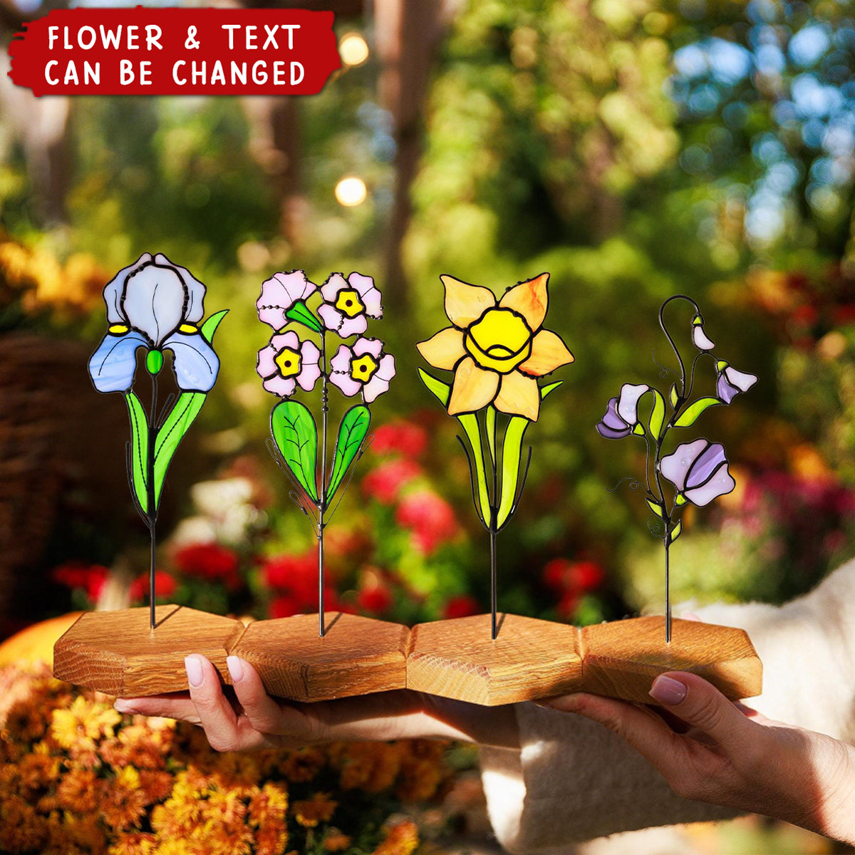 Personalized Stained Glass Birth Flower Plant Garden Stake Suncatcher
