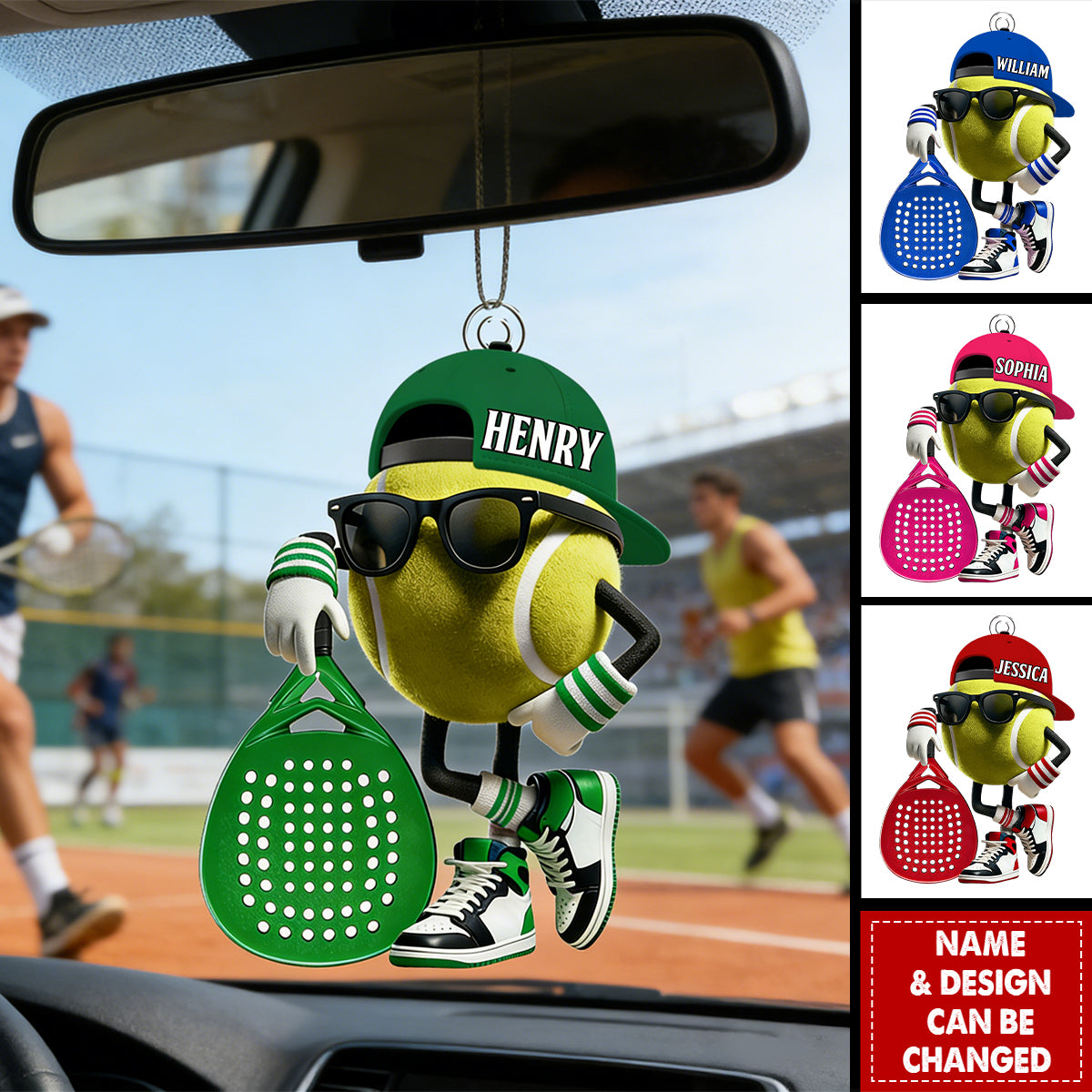 Personalized Padel Acrylic Car Ornament Cute Tennis Ball Character with Sunglasses and Cap