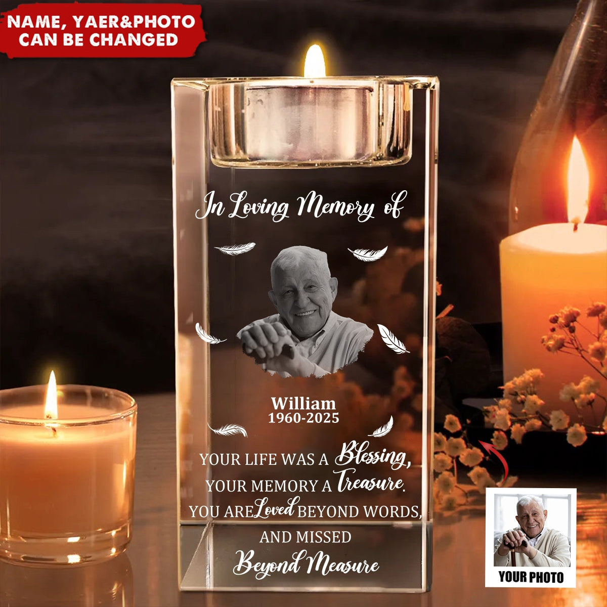 Custom Photo Your Life Was A Blessing Memorial - Personalized Crystal Candle Holder