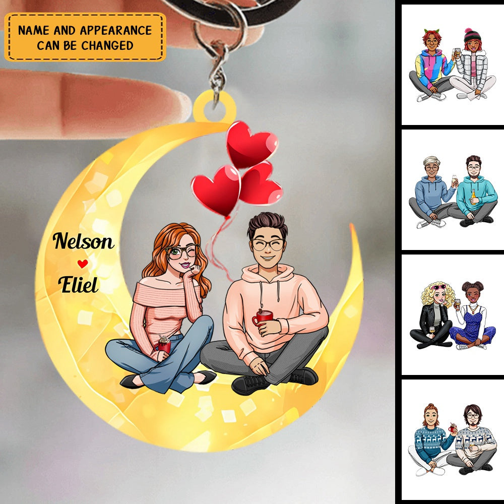 Couple Bestie Sitting On Moon - Personalized Acrylic Keychain