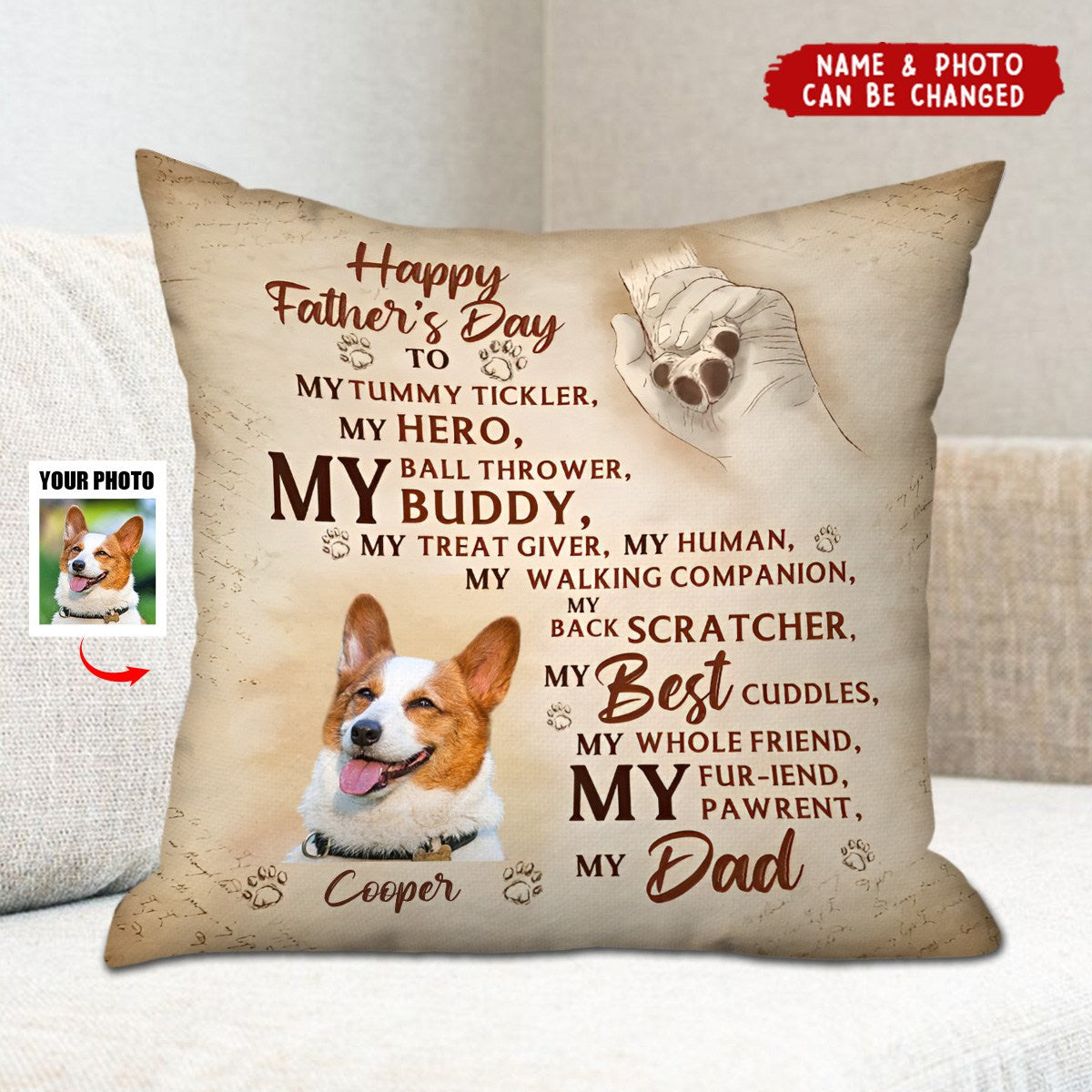 Personalized Father's Day Pillow - Gift Idea For Dog Owner - Upload Dog Photo - Happy Father's Day To My Hero