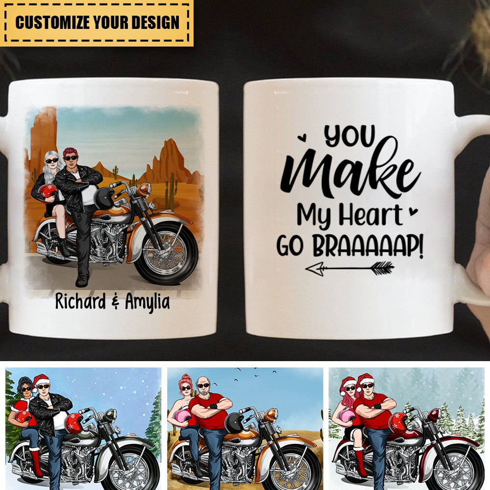 Personalized Mug, You Make My Heart Go Braaaaap - Motorcycle Couple Front View, Gift For Motorcycle Lovers