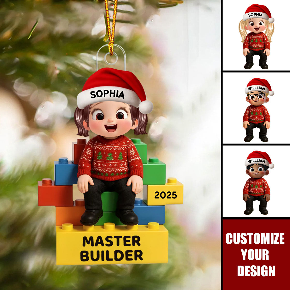 3D Effect Little Kid Master Builder Christmas Personalized Acrylic Ornament