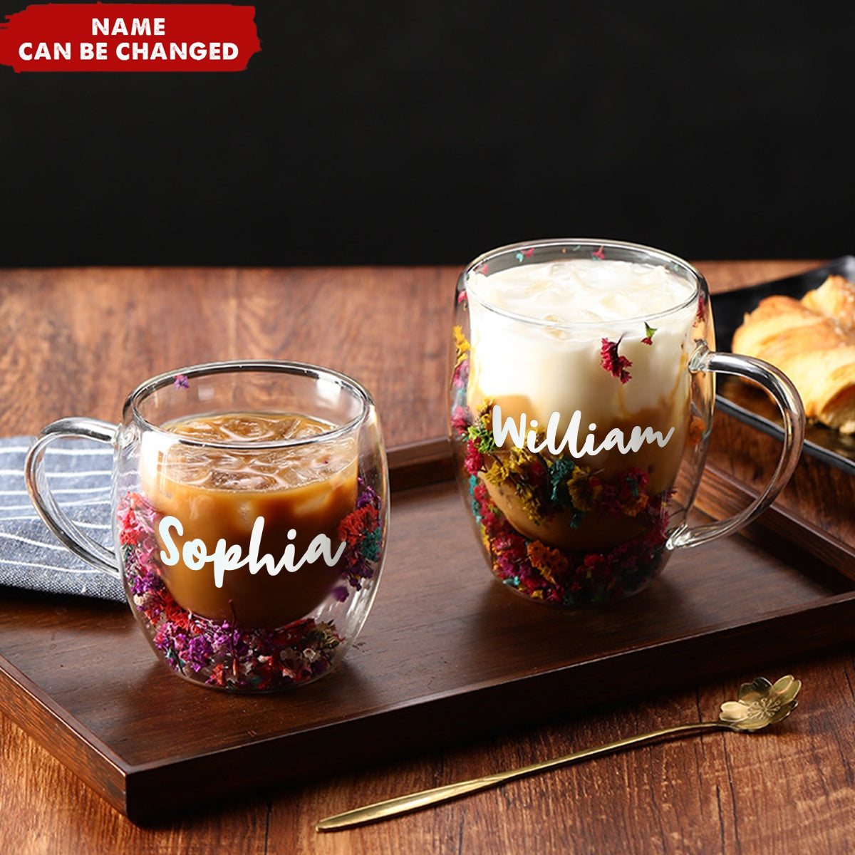 Insulated Heat Resistant Personalized Dried Flowers Double Wall Glass Coffee Mugs