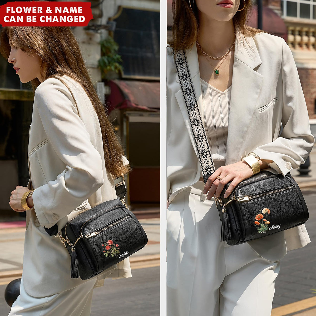 Personalized Birthday Flower Wide Strap Anti-thief Purse Shoulder Crossbody Bag