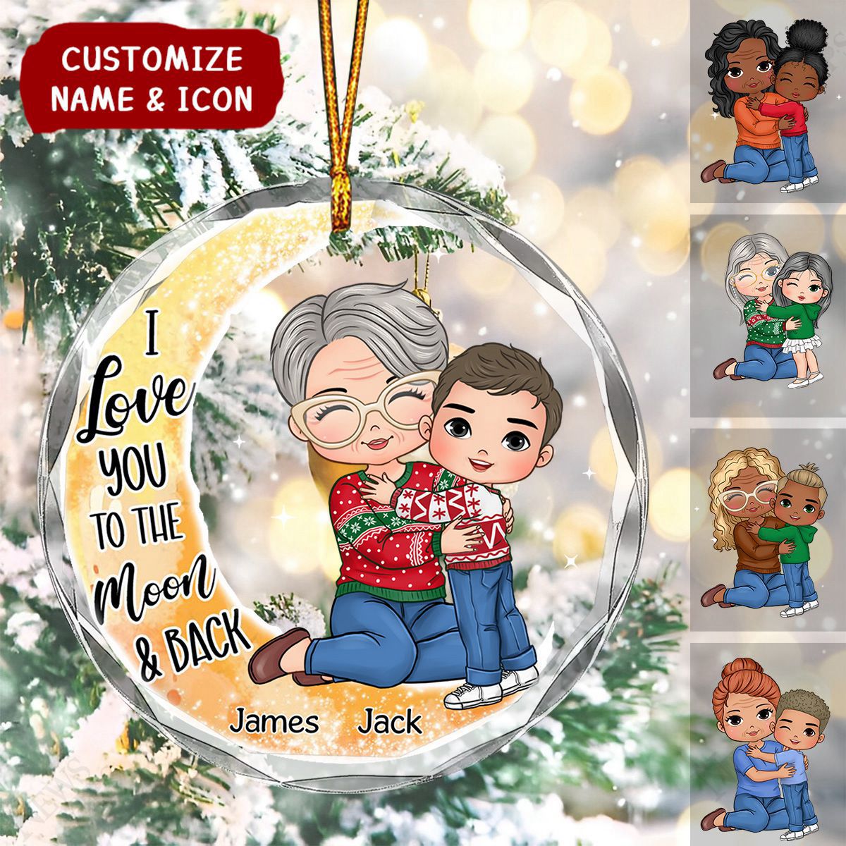 Christmas Grandma & Grandkid On Moon Personalized Circle Glass Ornament