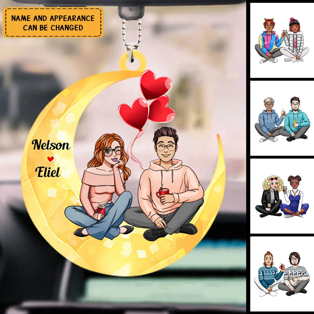 Couple Bestie Sitting On Moon - Personalized Acrylic Ornament