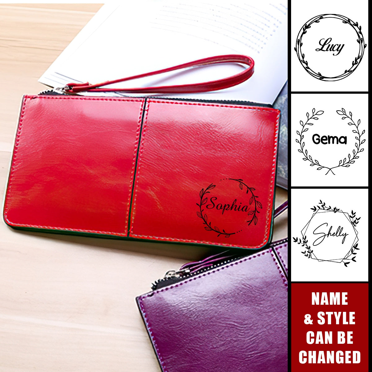 Personalized Name Wristlet Zipper Vintage Clutch Wallet