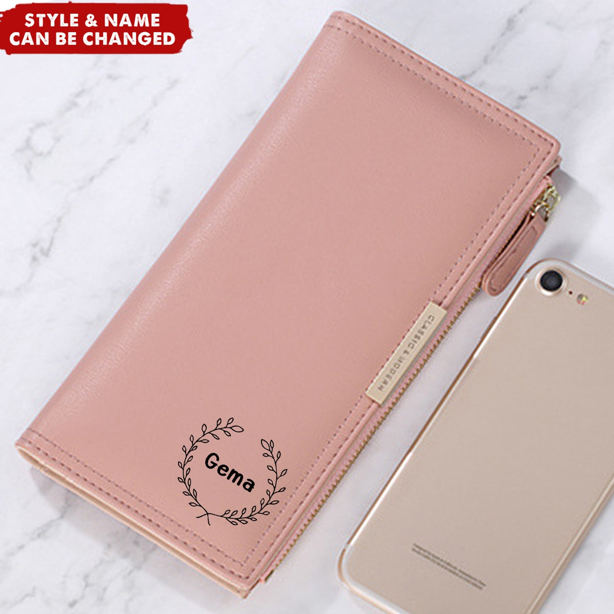 Zipper Magnetic Closure Double Fold Personalized Name Purse Wallet