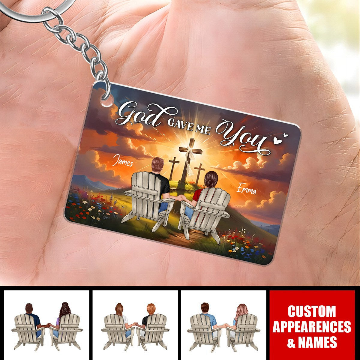 Cross God Gave Me You Couple Sitting Personalized Keychain, Anniversary Gift For Him, Her