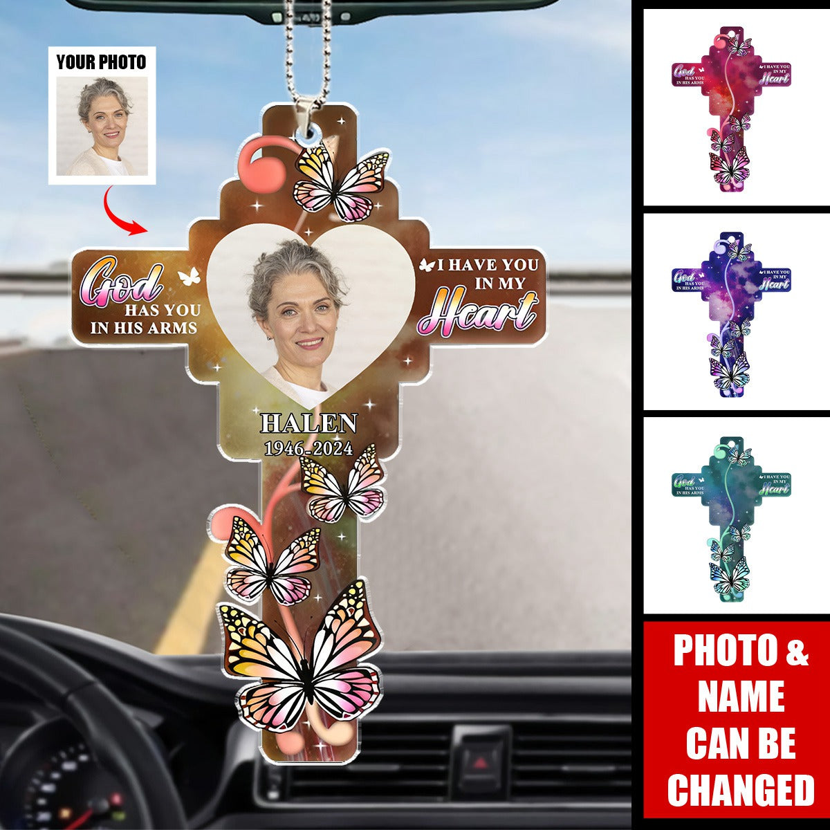 Custom Photo God Has You In His Arms - Personalized Acrylic Car Ornament