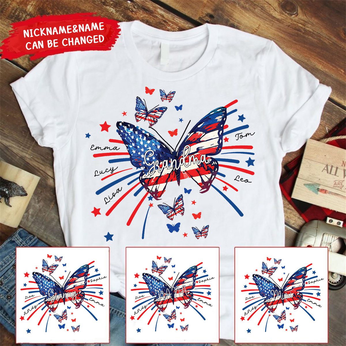 Mimi Butterfly Flag Star And Grandkids 4th Of July Personalized Shirt