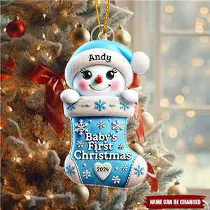 Baby First Christmas Snowman On Stocking 1st Christmas Keepsake Personalized Acrylic Ornament