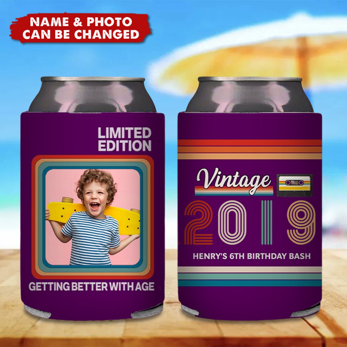 Personalized Stripes Retro Radio Photo Insulated Beer Can Cooler Sleeve with Year and Text Birthday Party Gift for Family Friends