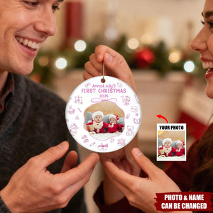 Baby First Christmas Toile De Jouy - Personalized Ceramic Photo Ornament