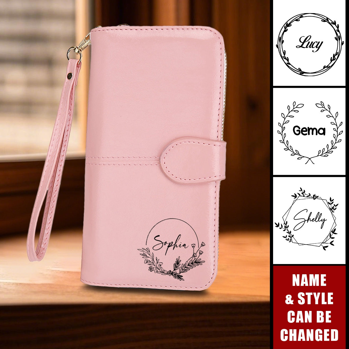 Personalized Name Zipper Leather Wristlet Card Holder Wallet
