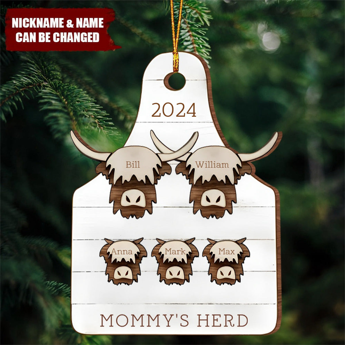 Highland cow, family christmas ornament, farmhouse Christmas, 2024 ornament, rustic christmas ornament