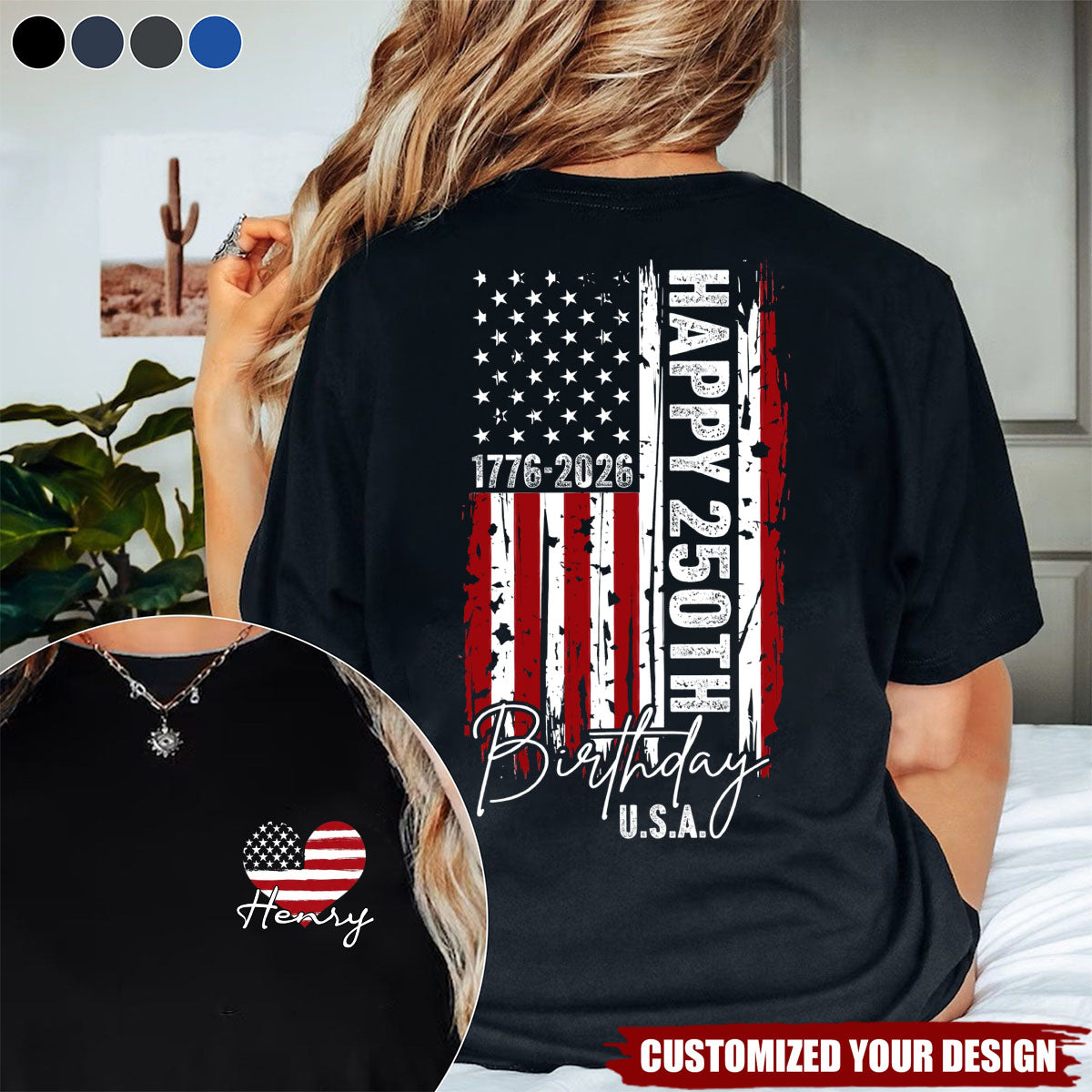 Custom Name USA 250th Birthday 1776-2026 Independence Day Back & Front Dark Shirt