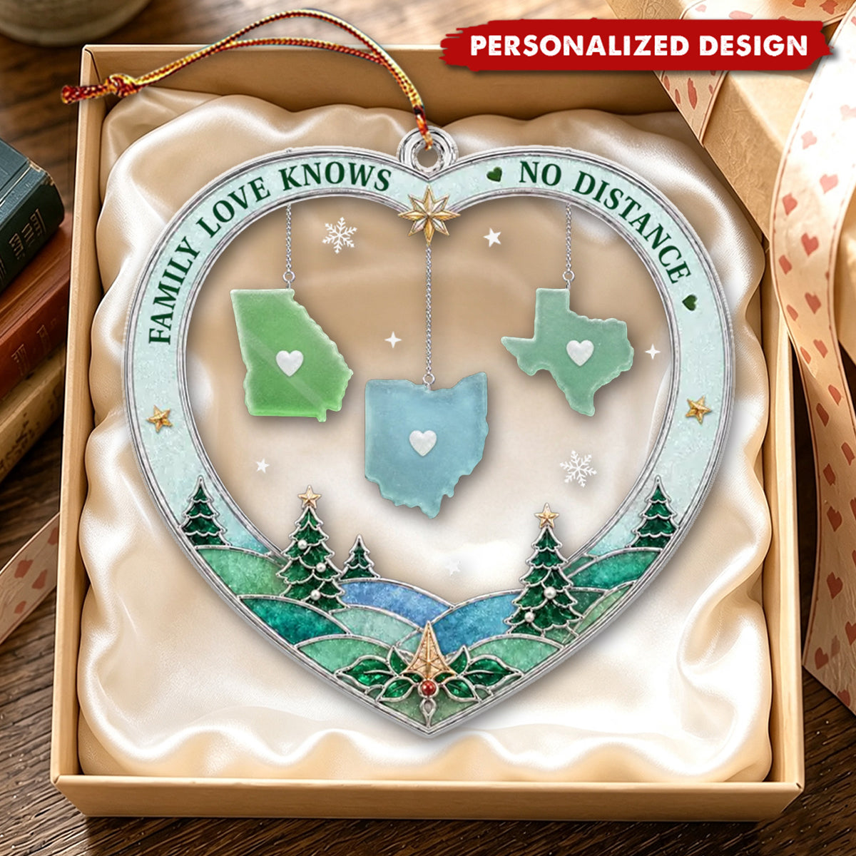 Personalized US State Map Heart Acrylic Ornament for Long Distance Family