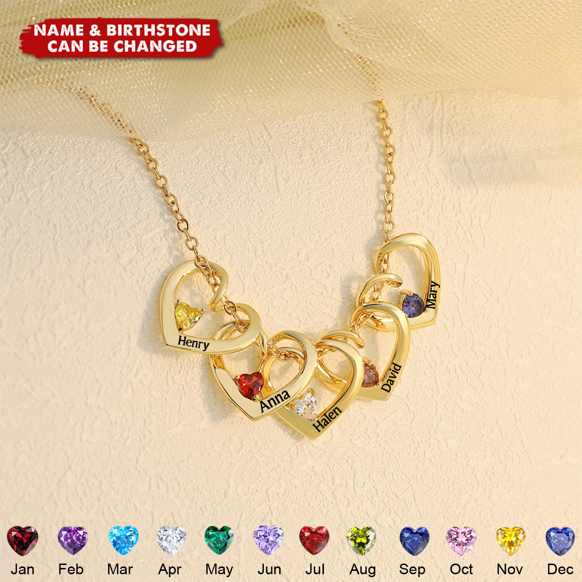 Personalized Heart Name Birthstone Necklace For Mom Grandma