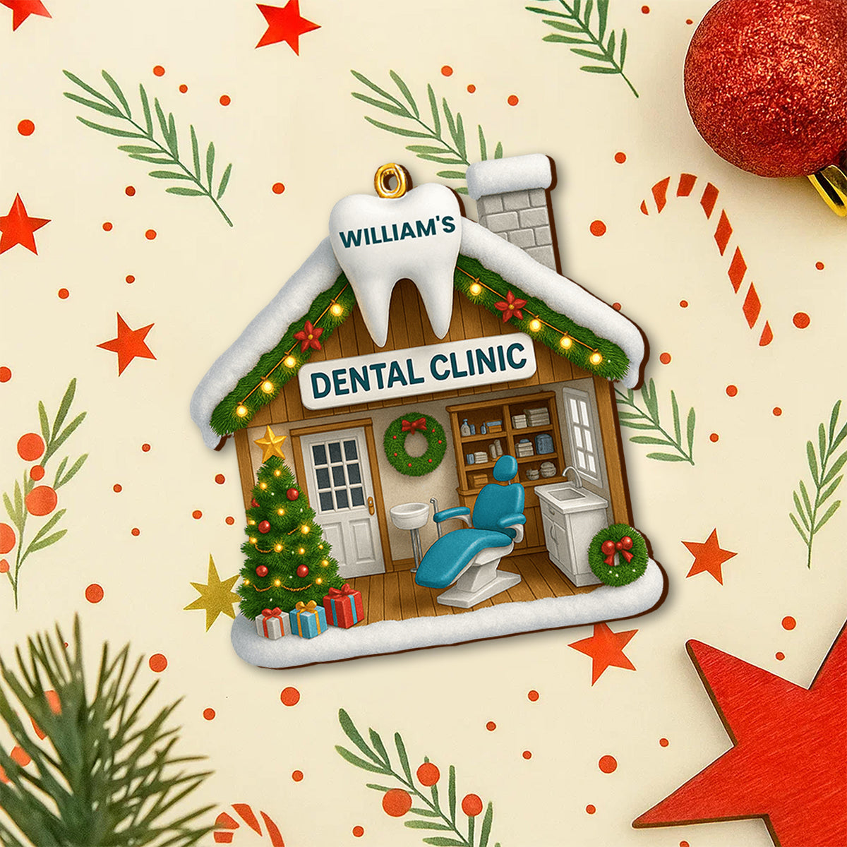 Festive Dental Clinic Ornament With Christmas Tree And Decorations,Personalized Wood Ornament