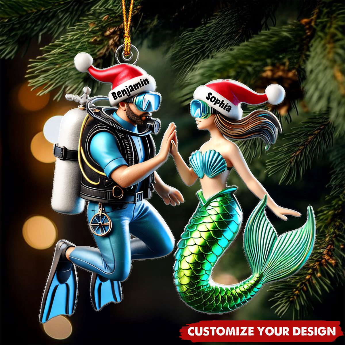 Diving Couple - Personalized Acrylic Christmas Ornament, Gift For Couple