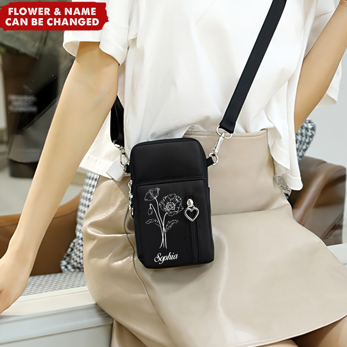 Birth Flower Personalized Arm Wallet Travel Pouch Shoulder Phone Crossbody Bag