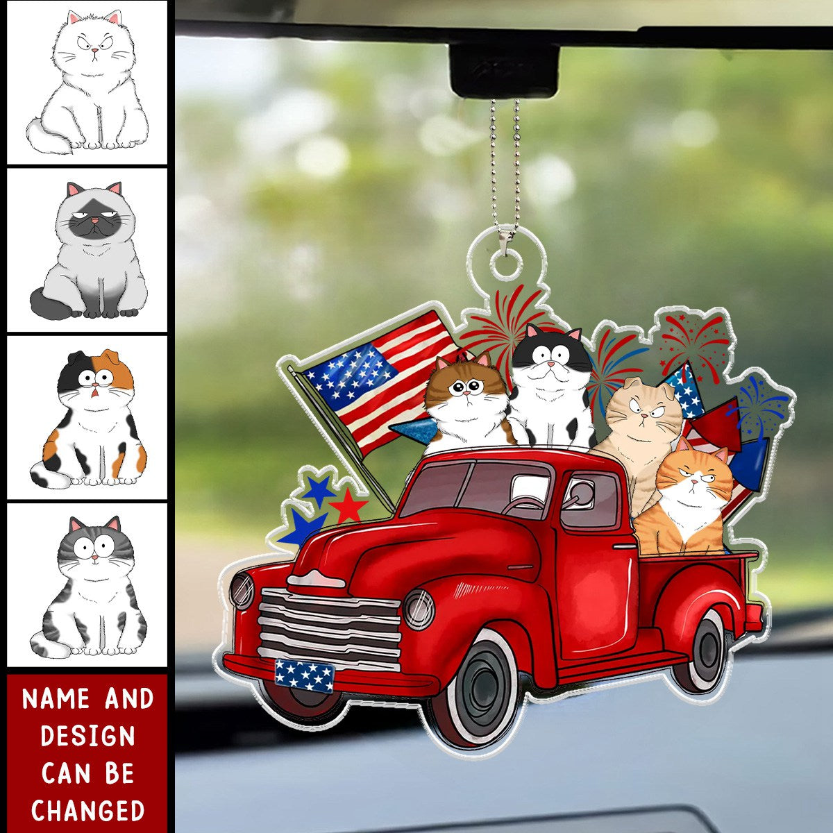 4th Of July Truck, Cat Lovers Personalized Acrylic Car Ornament, Car Hanger, Car Accessories
