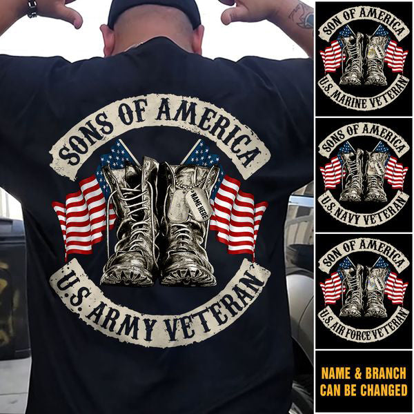 Sons Of America U.S. Veteran Combat Boots and Flag Personalized Branch Name T-shirt