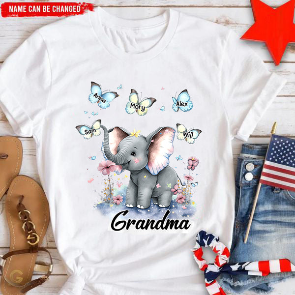 Personalized Elephant Grandma And Butterfly Grandkids T-shirt - Gift For Grandma, Mom, Auntie